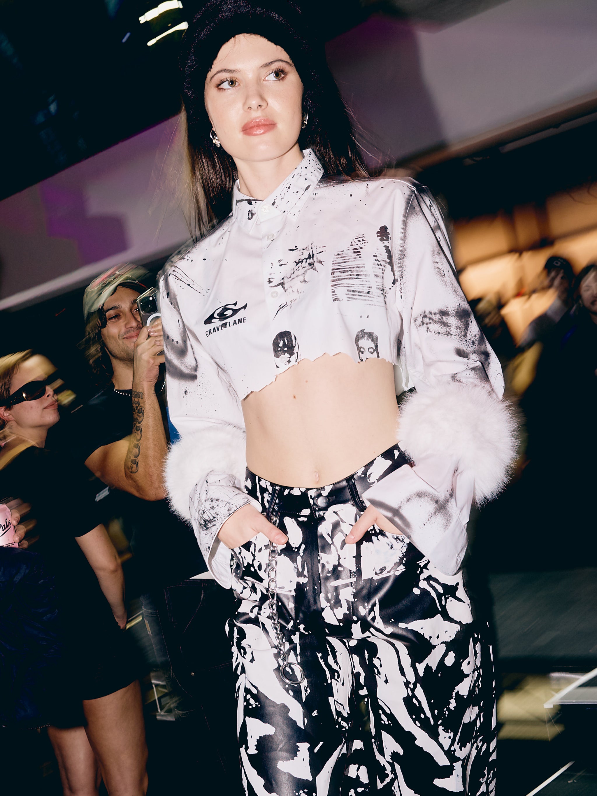 Screen print Pleather Wide Leg Pants