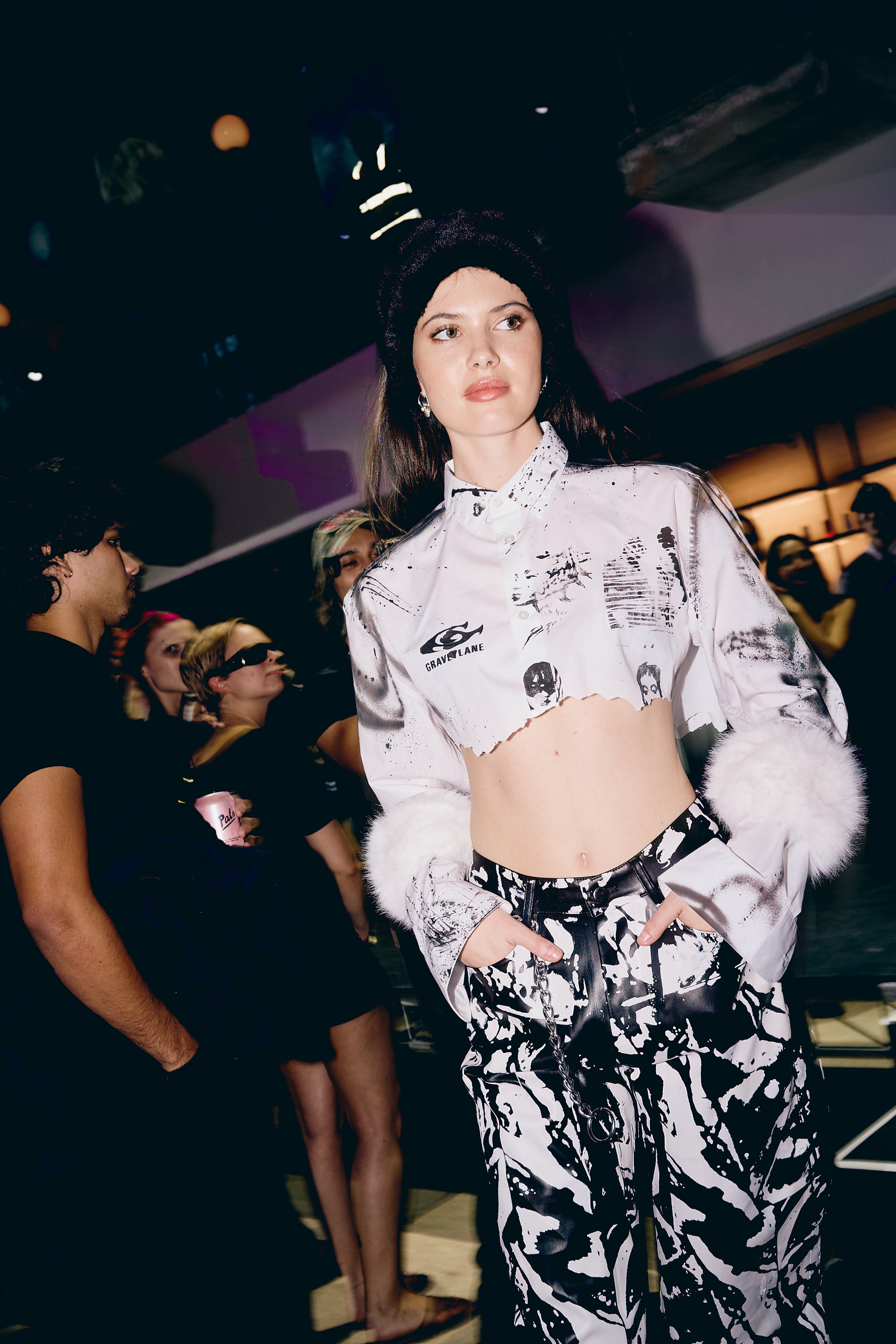 Screen print Pleather Wide Leg Pants